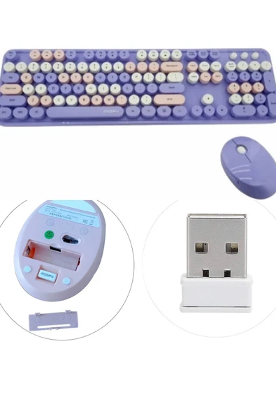 Plenfitul Mofii Sweet Serisi Renkli Kablosuz Klavye Mouse Set Türkçe Mor - 3