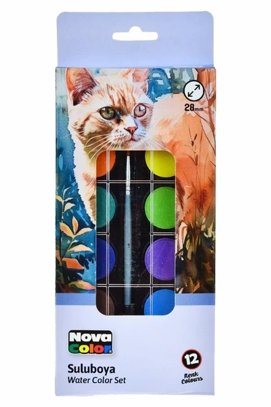 12 Renk Sulu Boya 1 Paket Fırça Hediyeli 12 li Suluboya Canlı Renkler 28 mm Boya Çapı Büyük Boy