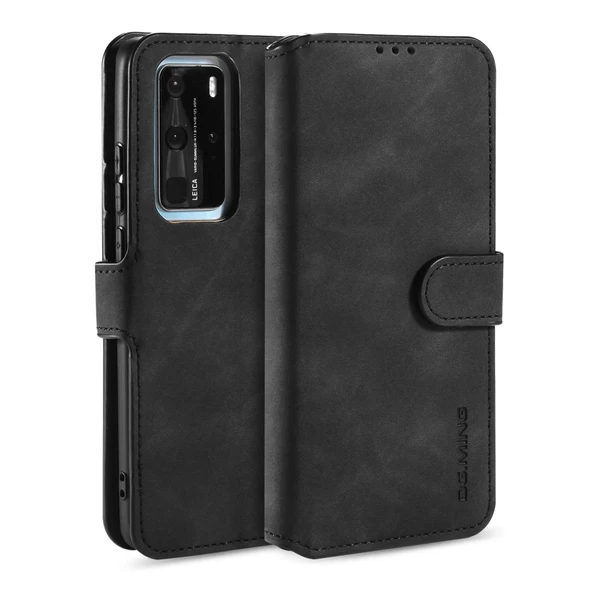 Huawei P40 Pro Retro Yağlı Yan Flip Kılıf - Siyah