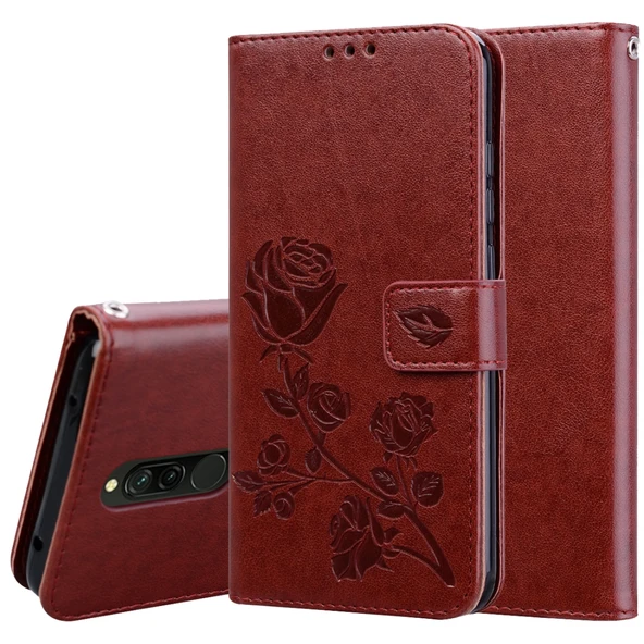 Xiaomi Redmi 8 Rose Kabartmalı Dikey Flip PU Deri Kılıf - Kahverengi
