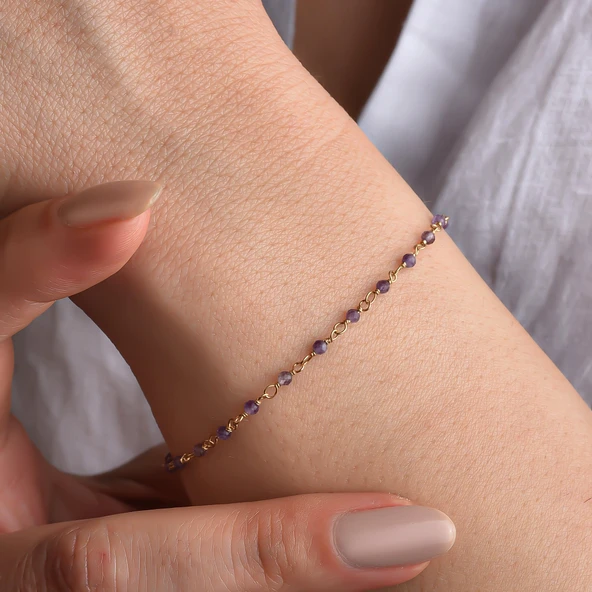14 Ayar Altın Kaplama Amethyst  Doğal Taşlı  El Yapımı Gümüş Bileklik - CBS00122 - Resim 2