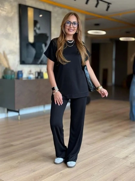 Kadın Kısa Kollu Bisiklet Yaka Viskon Iki Iplik Bluz Ve Pantolon Ikili Takım - Resim 5