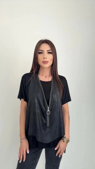 Kadın Kısa Kollu Yuvarlak Yaka Viskon Bluz + Kolsuz Fermuarlı çatlak Deri Yelek - Resim 2