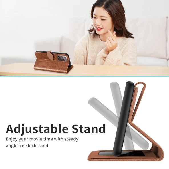 Samsung Galaxy Note20 Ultra Ağaç Desenli Deri Kılıf - Kahverengi - Yatay Flip - Resim 7