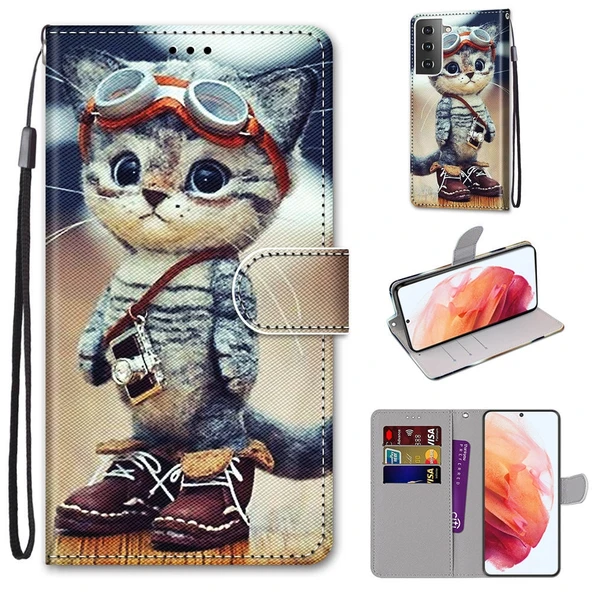 Samsung Galaxy S21 5G PU Deri Kılıf - Çizgili Tasarım - Deri Ayakkabı Kedi