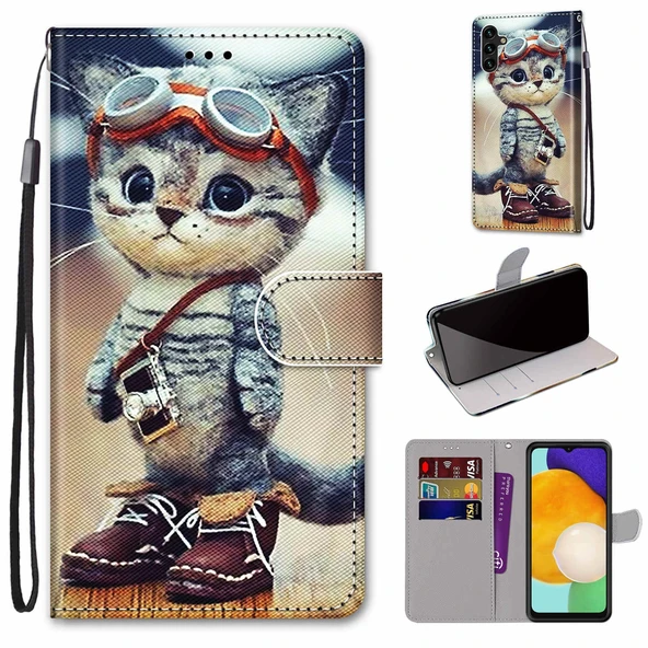Samsung Galaxy A13 5G Telefon Kılıfı - Renkli Çizim - Deri Ayakkabı Kedi
