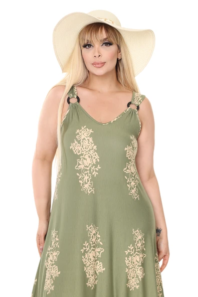 Melsay Butik Askılı V Yaka Haki Pano Desen Elbise - 6