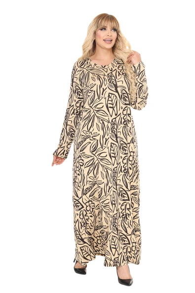 Melsay Butik Krem Yaprak Desen Uzun Kollu Kadın Tesettür Elbise - Resim 3