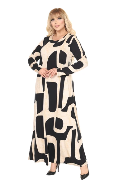 Melsay Butik Bej Picasso Desen Uzun Kollu Kadın Tesettür Elbise - 2