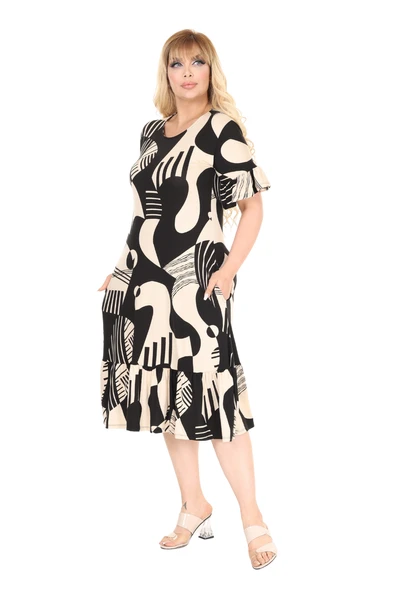 Melsay Butik Bej Barok Desen Eteği Fırfırlı Cepli Elbise - Resim 4