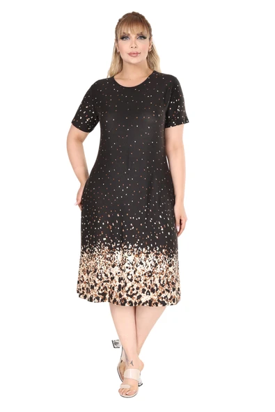 Melsay Butik Siyah Puanlı Leopar Desen A Kesim Midi Elbise - Resim 3