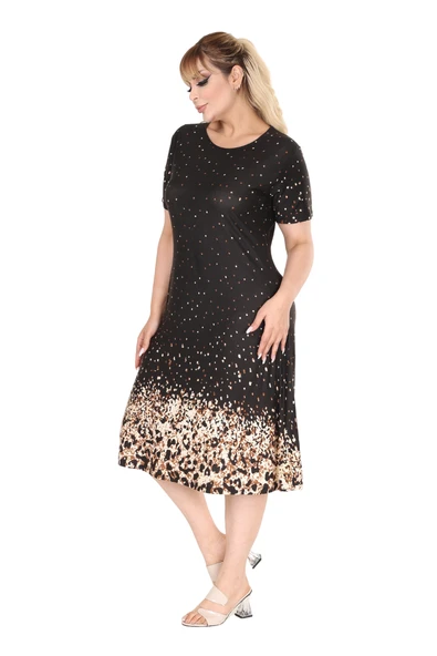 Melsay Butik Siyah Puanlı Leopar Desen A Kesim Midi Elbise - Resim 4