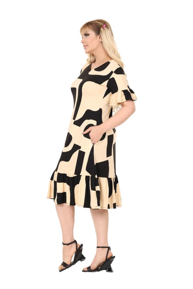 Melsay Butik Büyük Beden Eteği Fırfırlı Bej Picasso Desen Cepli Elbise - 6