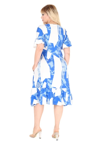 Melsay Butik Fırfırlı Mavi Vintage Desen Cepli Büyük Beden Elbise - Resim 6