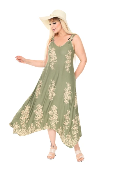 Melsay Butik Askılı V Yaka Haki Pano Desen Elbise - 4
