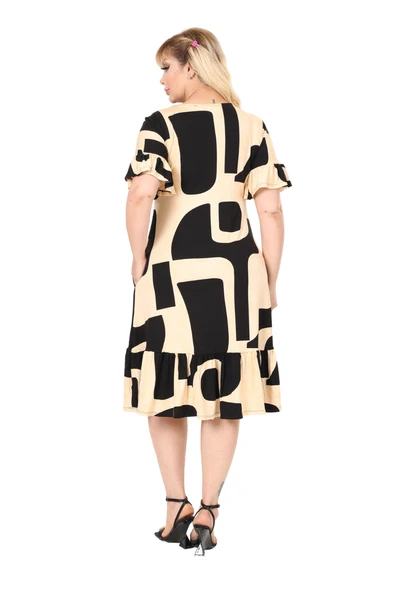Melsay Butik Büyük Beden Eteği Fırfırlı Bej Picasso Desen Cepli Elbise - 5