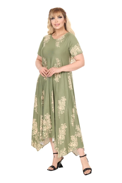 Melsay Butik Haki Pano Desen Asimetrik Kısa Kollu Elbise - Resim 4