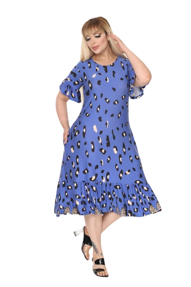 Melsay Butik Mavi Eteği Fırfırlı Sulu Leopar Desen Cepli Elbise - 3