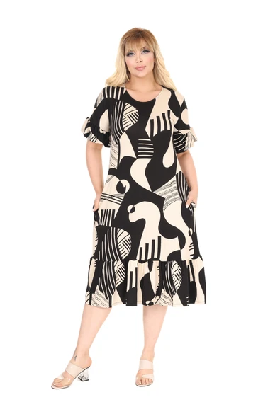 Melsay Butik Bej Barok Desen Eteği Fırfırlı Cepli Elbise - Resim 2