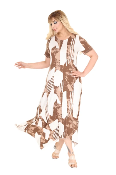 Melsay Butik Kahve Vintage Desen Asimetrik Kısa Kollu Elbise ürün görseli