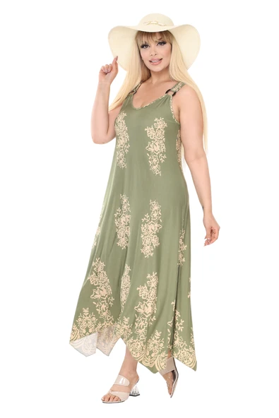 Melsay Butik Askılı V Yaka Haki Pano Desen Elbise - 2