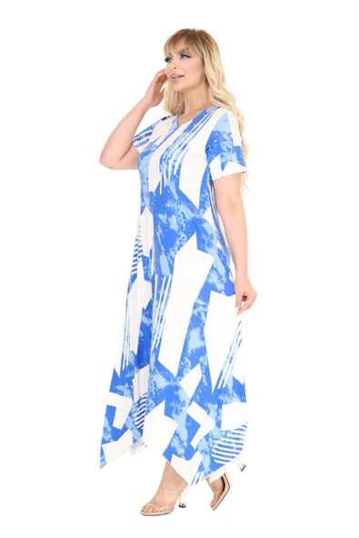 Melsay Butik Mavi Vintage Desen Asimetrik Kısa Kollu Elbise - 2