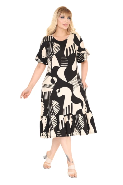 Melsay Butik Bej Barok Desen Eteği Fırfırlı Cepli Elbise - Resim 3