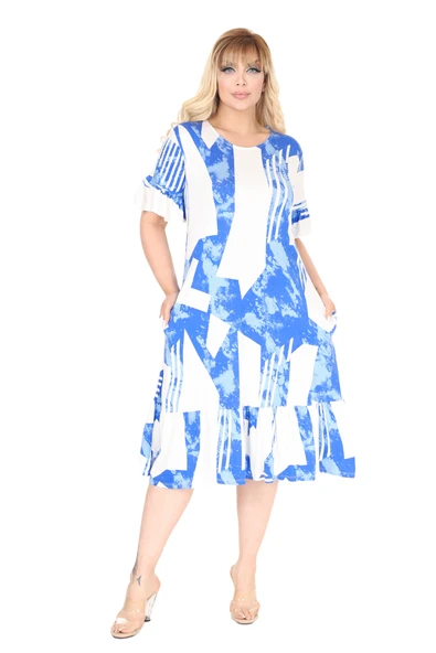 Melsay Butik Fırfırlı Mavi Vintage Desen Cepli Büyük Beden Elbise - Resim 4