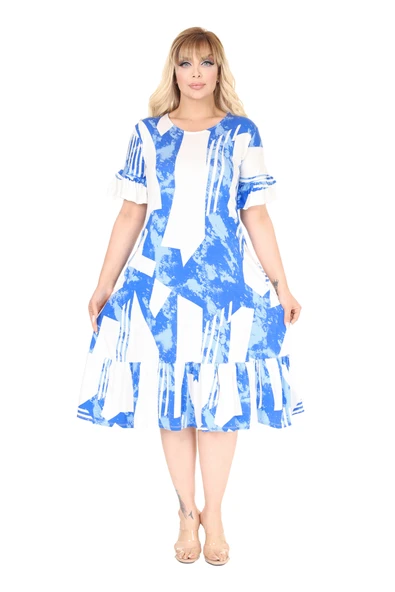 Melsay Butik Fırfırlı Mavi Vintage Desen Cepli Büyük Beden Elbise - Resim 2