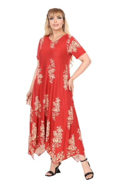 Melsay Butik Narçiçeği Pano Desen Asimetrik Kısa Kollu Elbise - Resim 4