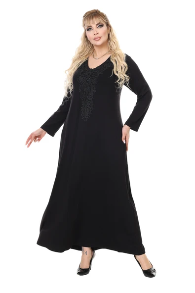 Melsay Butik Siyah Uzun Kollu Güpür Yaka Uzun Elbise - 1