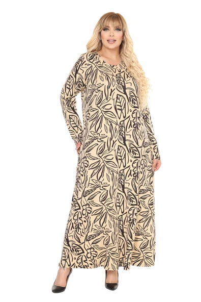 Melsay Butik Krem Yaprak Desen Uzun Kollu Kadın Tesettür Elbise ürün görseli