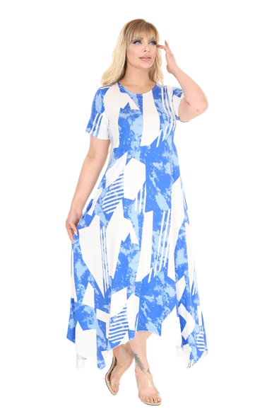 Melsay Butik Mavi Vintage Desen Asimetrik Kısa Kollu Elbise - 3