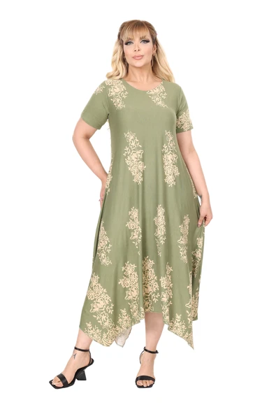 Melsay Butik Haki Pano Desen Asimetrik Kısa Kollu Elbise - Resim 3