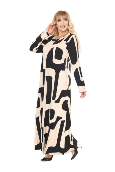 Melsay Butik Bej Picasso Desen Uzun Kollu Kadın Tesettür Elbise - 4