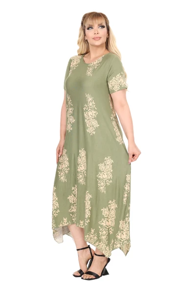 Melsay Butik Haki Pano Desen Asimetrik Kısa Kollu Elbise - Resim 5