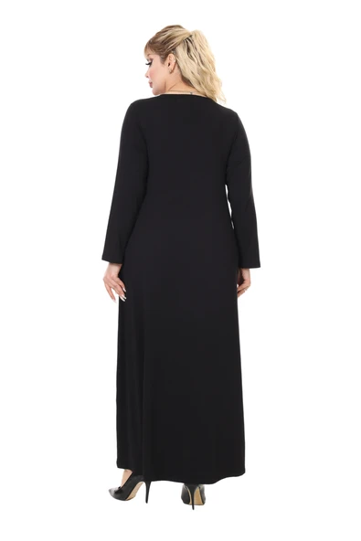 Melsay Butik Siyah Uzun Kollu Güpür Yaka Uzun Elbise - 6