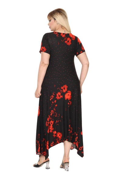 Melsay Butik Kırmızı Puanlı Gelincik Desen Asimetrik Kısa Kollu Elbise - Resim 6