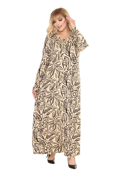 Melsay Butik Krem Yaprak Desen Uzun Kollu Kadın Tesettür Elbise - Resim 2