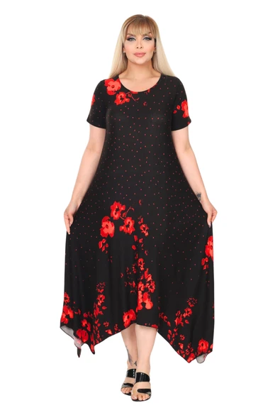 Melsay Butik Kırmızı Puanlı Gelincik Desen Asimetrik Kısa Kollu Elbise - Resim 2