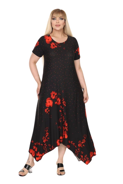 Melsay Butik Kırmızı Puanlı Gelincik Desen Asimetrik Kısa Kollu Elbise ürün görseli