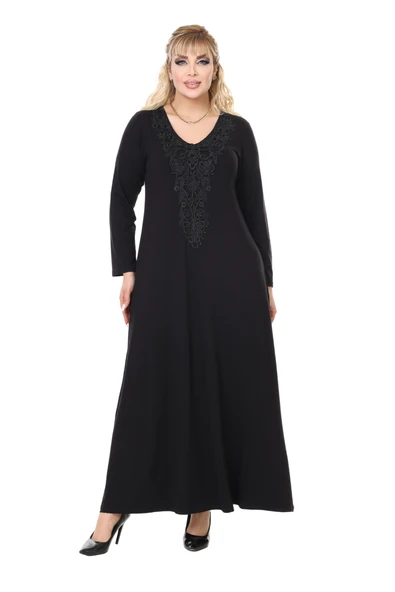 Melsay Butik Siyah Uzun Kollu Güpür Yaka Uzun Elbise - 4