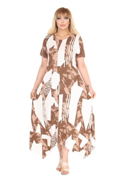 Melsay Butik Kahve Vintage Desen Asimetrik Kısa Kollu Elbise - Resim 5