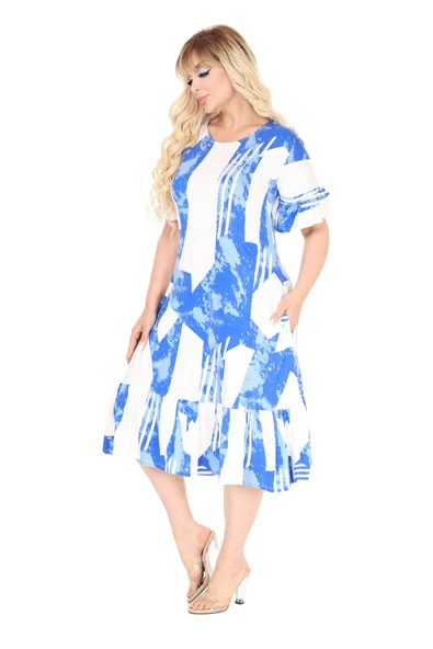 Melsay Butik Fırfırlı Mavi Vintage Desen Cepli Büyük Beden Elbise - Resim 3