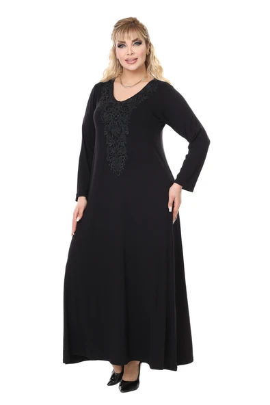 Melsay Butik Siyah Uzun Kollu Güpür Yaka Uzun Elbise - 2