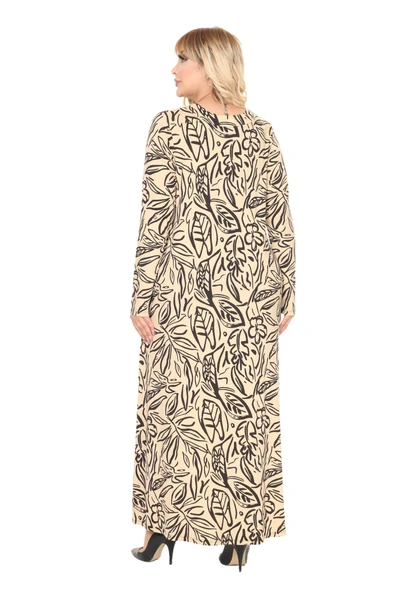 Melsay Butik Krem Yaprak Desen Uzun Kollu Kadın Tesettür Elbise - Resim 6