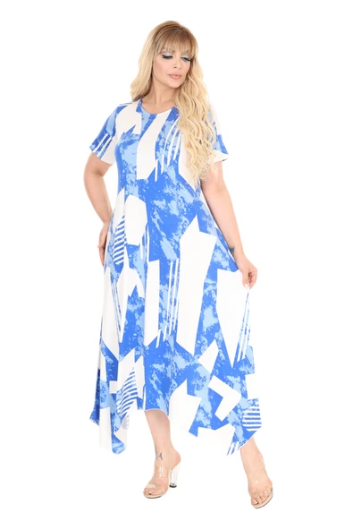 Melsay Butik Mavi Vintage Desen Asimetrik Kısa Kollu Elbise - 5
