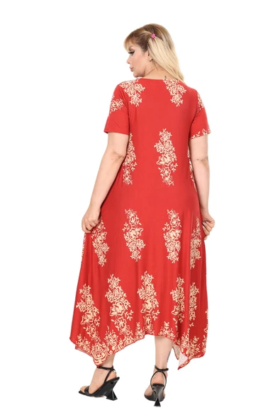 Melsay Butik Narçiçeği Pano Desen Asimetrik Kısa Kollu Elbise - Resim 6