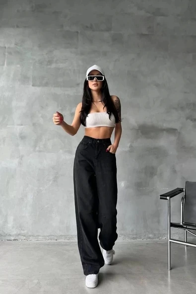 Arkadan tokalı jeans pantolon Siyah - 3