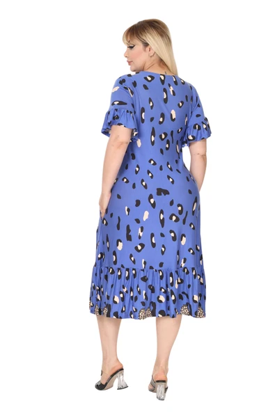 Melsay Butik Mavi Eteği Fırfırlı Sulu Leopar Desen Cepli Elbise - 6